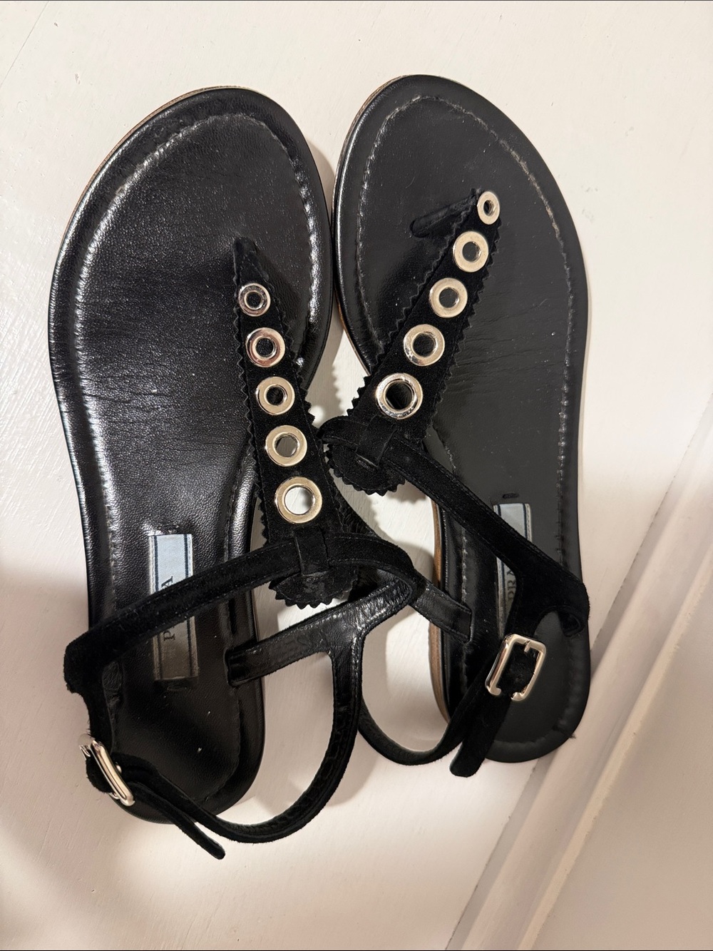 Prada Black Leather Grommet Strap Sandals